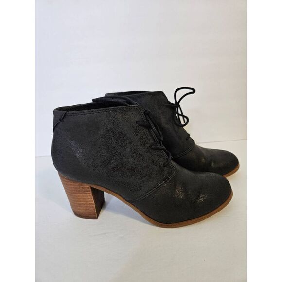 TOMS heeled tie up black booties.  Size W9. - Picture 1 of 7